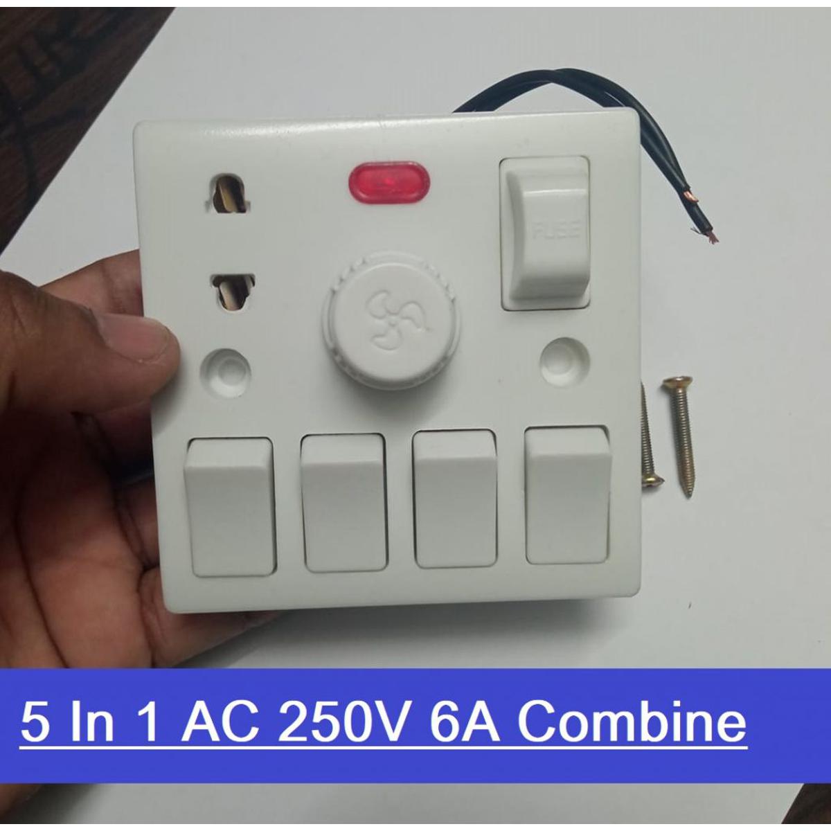 Picture of Universal 5 In 1 Ac 250V 6A Combine 4 Pcs Gang Switches Fan Dimmer Regulator 2 Pin Socket Led Indicator Kit Kat Fuse Combine Wall Switch Box Socket - Remote Control Switch