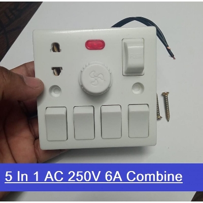 Picture of Universal 5 In 1 Ac 250V 6A Combine 4 Pcs Gang Switches Fan Dimmer Regulator 2 Pin Socket Led Indicator Kit Kat Fuse Combine Wall Switch Box Socket - Remote Control Switch