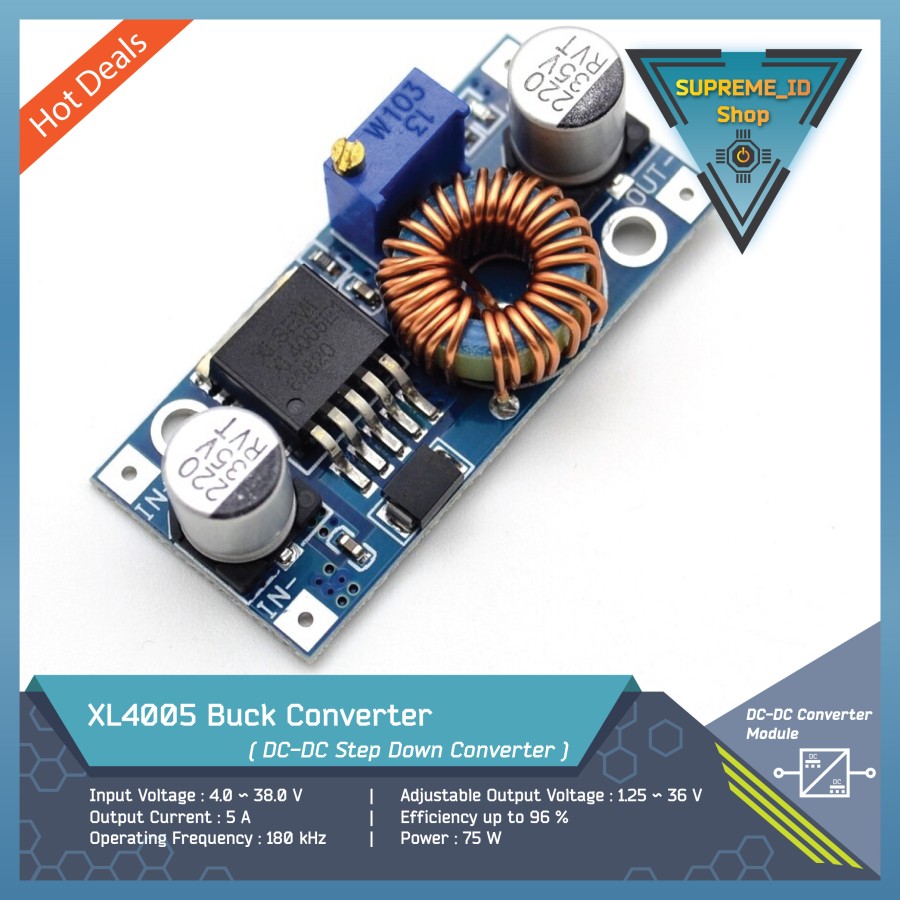 Picture of Buck Module XL4005 Buck Converter 75W 5A XL4005 DC-DC 5-32V Adjustable Step Down 5A Buck Power Supply Module Adapters XL4005 DC DC Step Down Buck Converter Power 5-32V To 0.8V-24V Adjustable Module