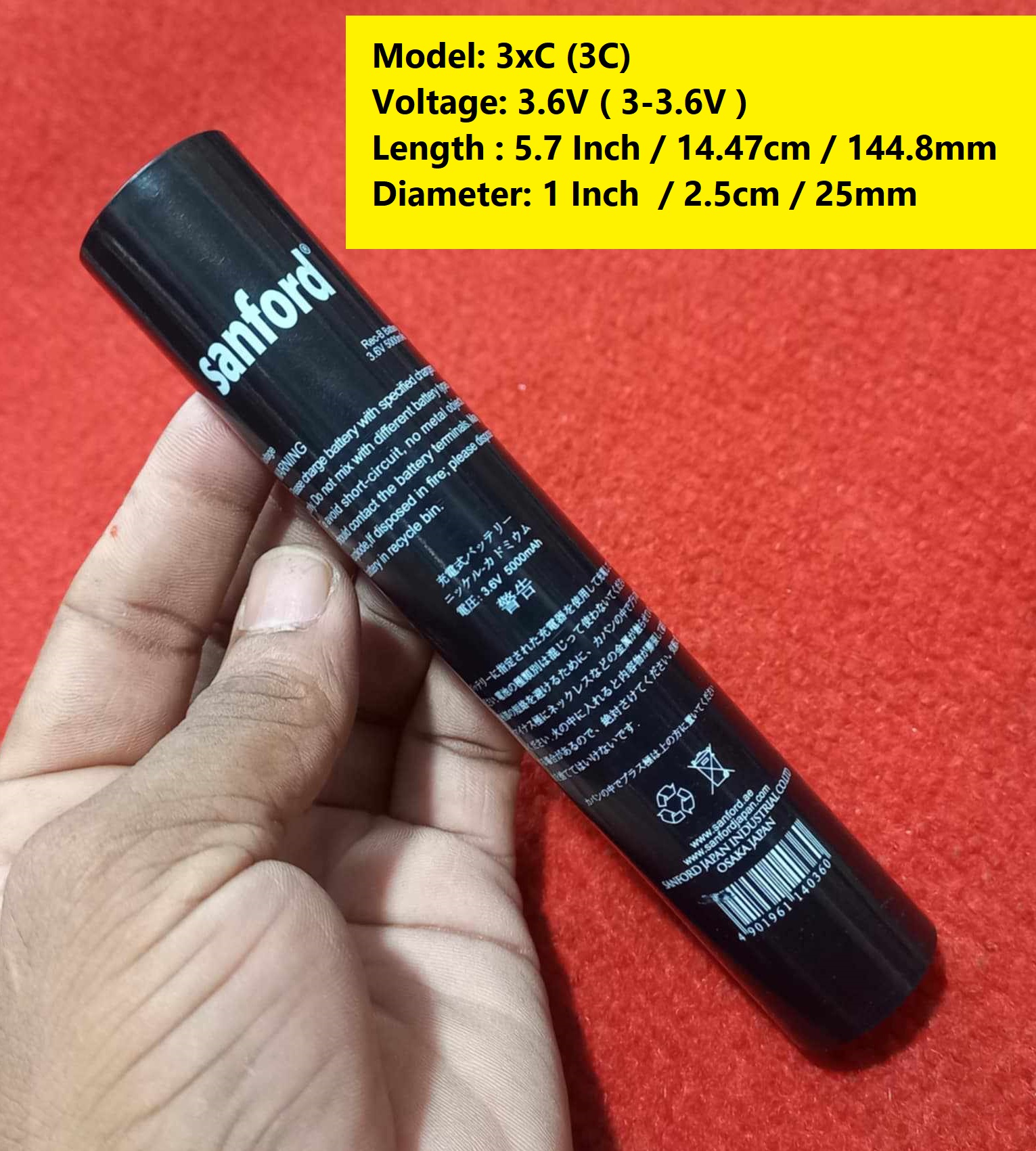 Picture of 5000mAh Torch Light Battery 3xC Size 3C Battery 5.7 Inch Long Sanford 3.6V 5000mAh Battery 3.6V Rechargeable Battery 3.6V Battery 5000mAh Rechargeable Battery 3.6V Torch Light Rechargeable Battery