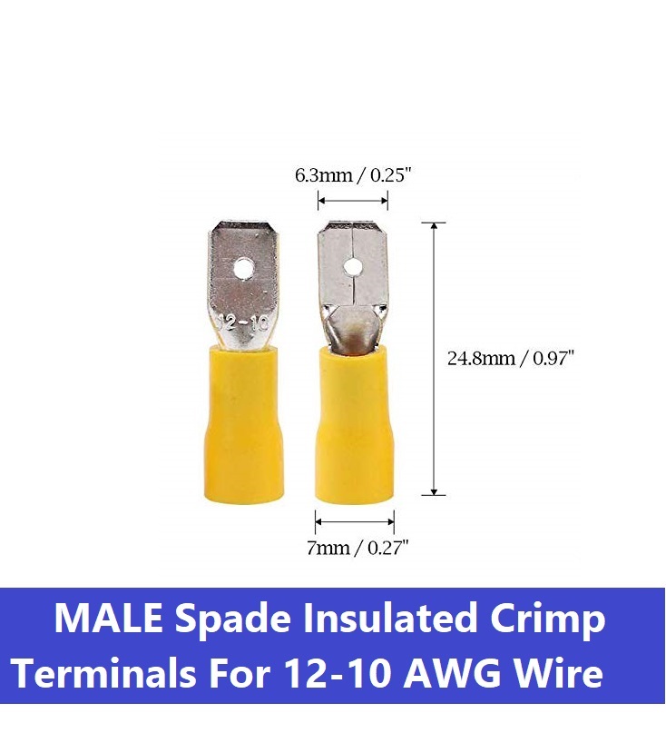 Picture of 10Pcs- 12-10 AWG MALE Spade Terminals 55-250 Male 6.3mm Quick Disconnects 12-10 AWG Wire Crimp Terminals Nylon Insulated Ring Terminal Male Quick Cables Connector