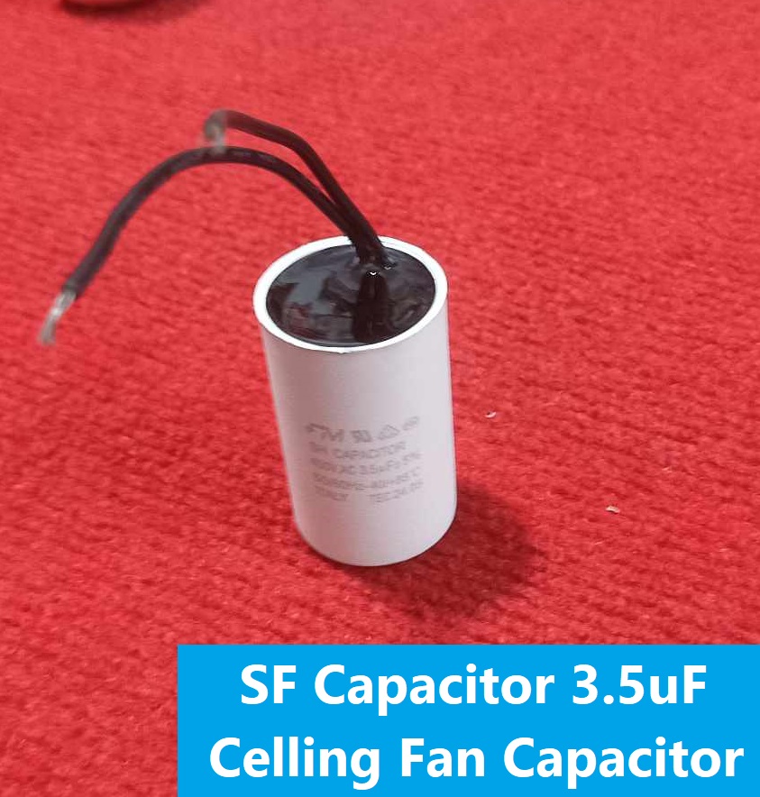Picture of High Quality SF Capacitor With Cables 3.5uF Celling Fan Capacitor ITALY TECH 3.5uF 50Hz 60Hz 450VAC Capacitor 2 Pin Leads 3.5uF Capacitor 3.5uF Fan Capacitor