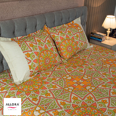 Alpana Print Bedsheet - Orange ALLORA BDonline shop bangladeshothoba.com