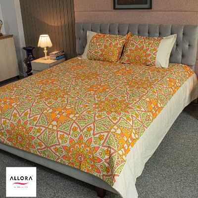Alpana Print Bedsheet - Orange ALLORA BDonline shop bangladeshothoba.com