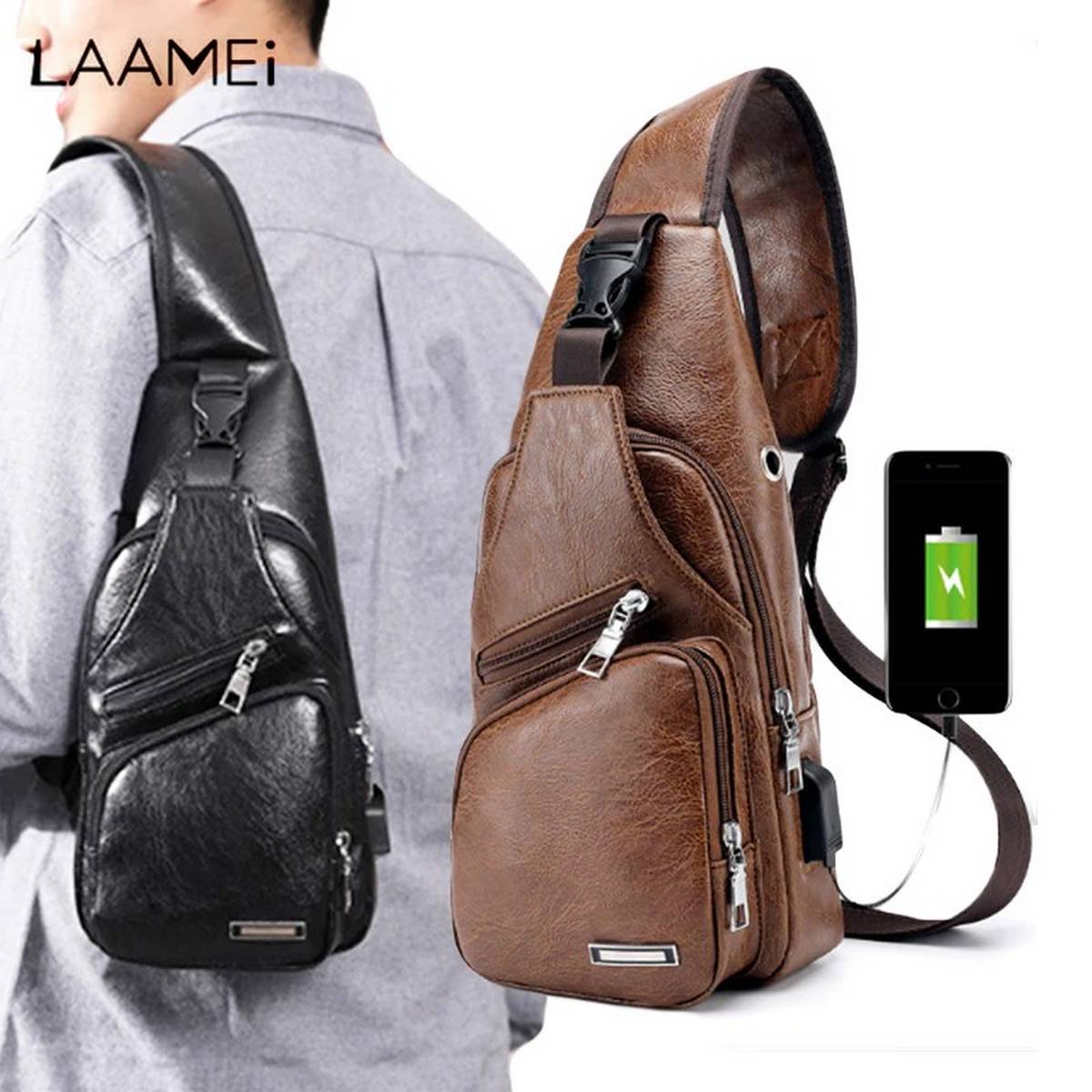 Picture of Leather Cross Body Bag Pack - Black - Bag For Boys