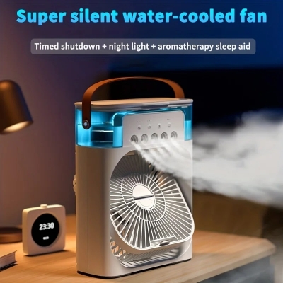 Picture of Air Cooler Fan 3 in 1 Mini Portable Fan Humidifier with 7 Colors LED Light Air Cooler 600ml Water Tank Air Cooling FanThis is NOT a rechargeable fan