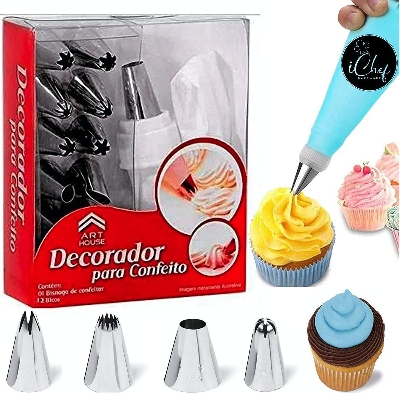 Picture of 12 Piece Cake Decorating Set Frosting Icing Piping Bag Tips with Steel Nozzles. Reusable & Washable