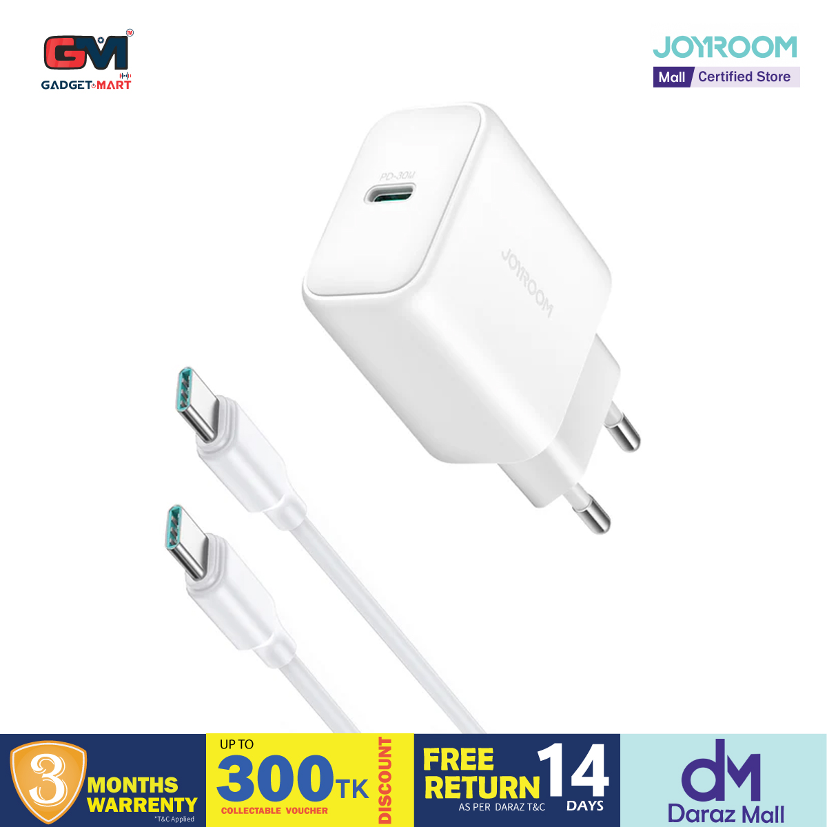 Picture of Joyroom JR-TCF24 PD 30W Charger With Type-C to Type-C Cable 1m - White