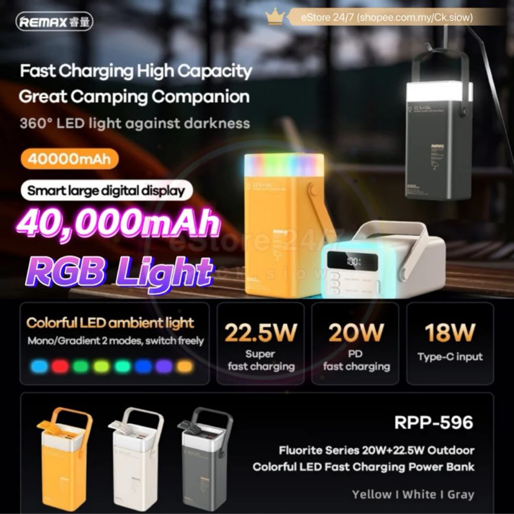Picture of Remax RPP-596 Fluorite Series 40000mAh 20W+22.5W PD+QC Outdoor Colorful LED Fast Charging Power Bank