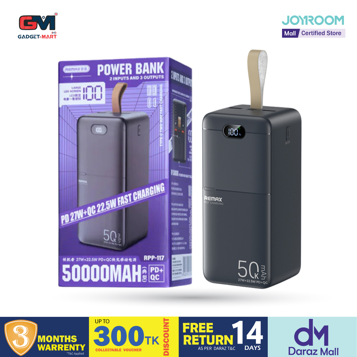 Picture of Remax RPP-117 Piloteer Series 50000mAh 27W Fast Charging (PD 27W+QC 22.5W) Power Bank - Black
