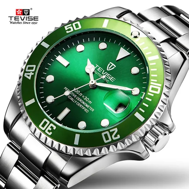 Picture of Tevise Top Brand Men Mechanical Automatic Fashion Luxury Watch- Silver-Green