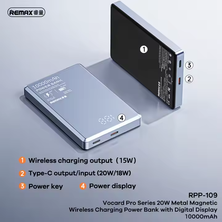 Picture of REMAX RPP-109 Vocard Pro Series Ultra Slim 20W PD Magnetic Wireless Metal Body 10000mAh Power Bank - Grey Picture of REMAX RPP-109 Vocard Pro Series Ultra Slim 20W PD Magnetic Wireless Metal Body 10000mAh Power Bank - Grey