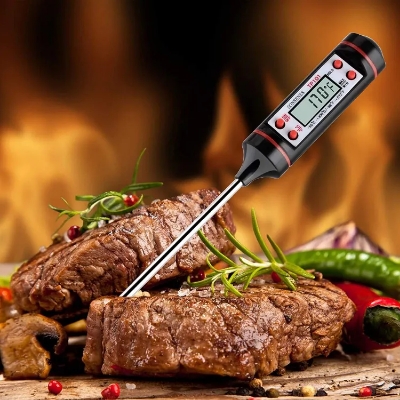 Picture of Stainless Steel Cooking Thermometers Temperature Test Pen -  Kitchen Instant Read Backlit Food Thermometer with Long Probe & LCD Screen for Grill, Meat, Candy, BBQ, Milk and Bath Water