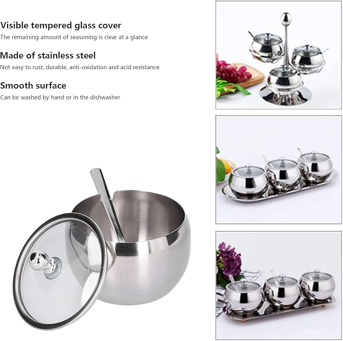 Picture of Stainless Steel Spice Jar Set with Glass Cover Spoon Organize Your Salt, Pepper, Sugar, and Spices in Stylistic Kitchen Storage, Salt Pot