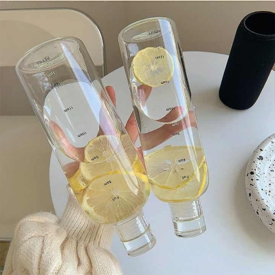 Picture of 500/750ml Large Capacity Glass Water Bottle with Time Marker Cover for Water Drink Transparent Milk Juice Cup Simple Cup Gift