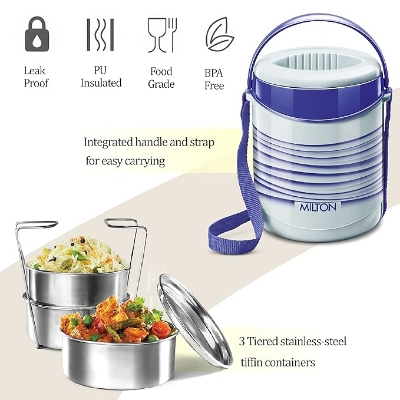 Picture of Milton 3 Liyar Tiffin Box - Insulated, Hot & Cold Leak-Proof Lunch Box for Office, College, Picnic, Blue