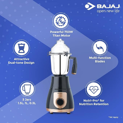 Picture of Bajaj GX-3701 750W Mixer Grinder | Nutri-Pro Feature | 3 Jars | Multi-Functional Blades