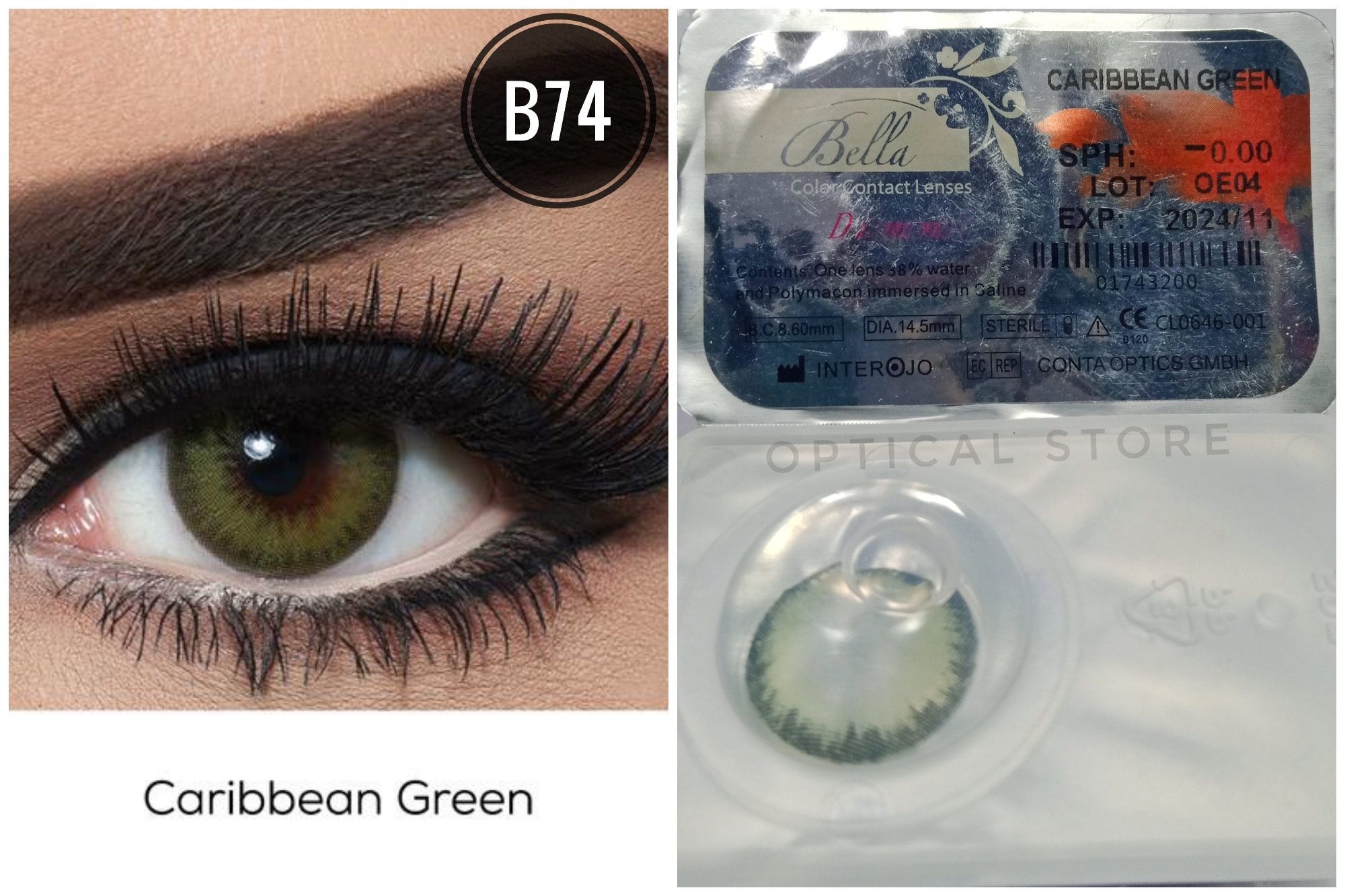 Picture of Bella Caribbean Green Diamond Color Contact Lens with Kit Box. Bella Diamond Series. #Caribbean.Gr.ee.n