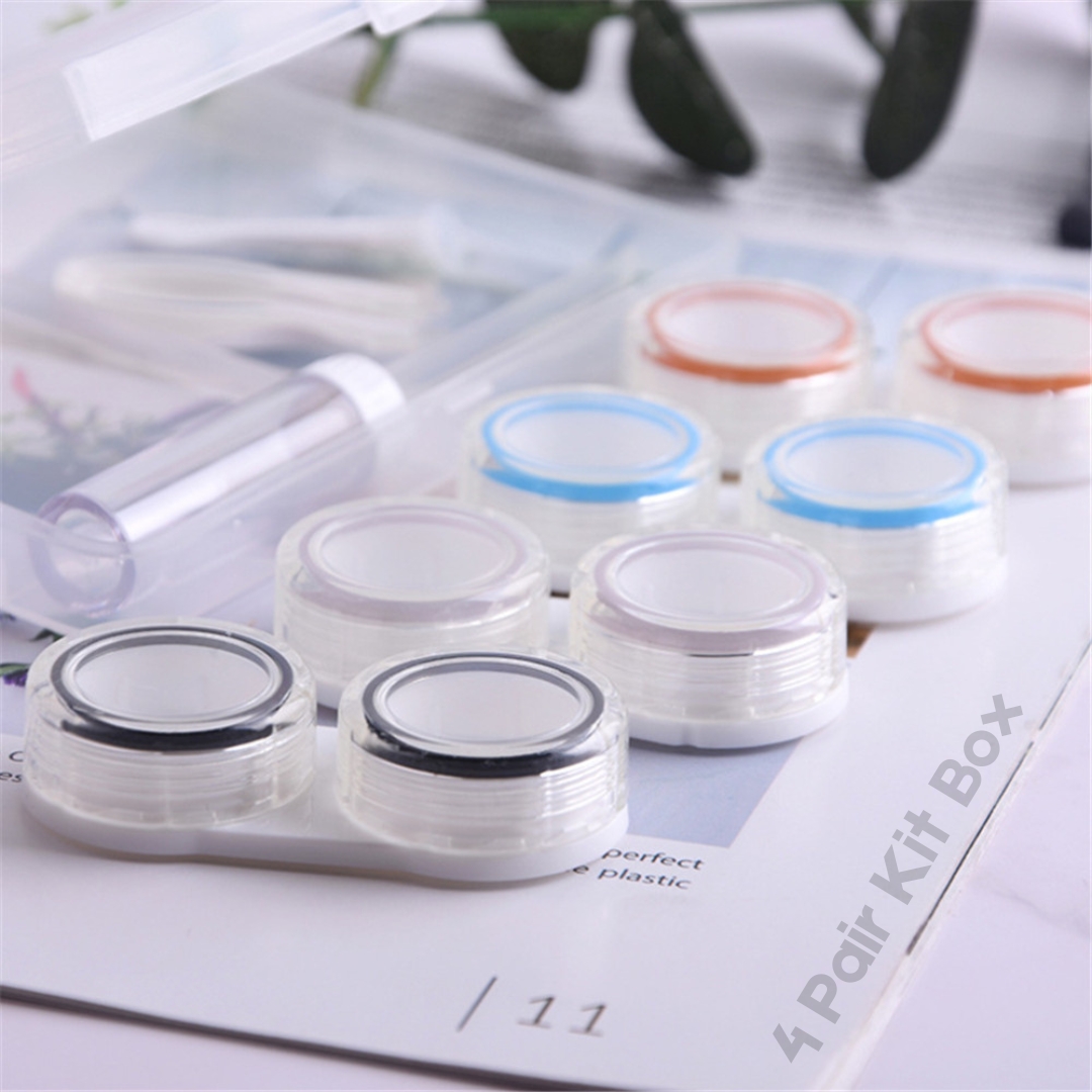 Picture of New 4Pairs Contact Lens Travel kitbox With Tweezers+Applicattor & Solution Bottle. 4 in 1 Plastic Transparent High Capacity Contact Lens Storage.#4pair