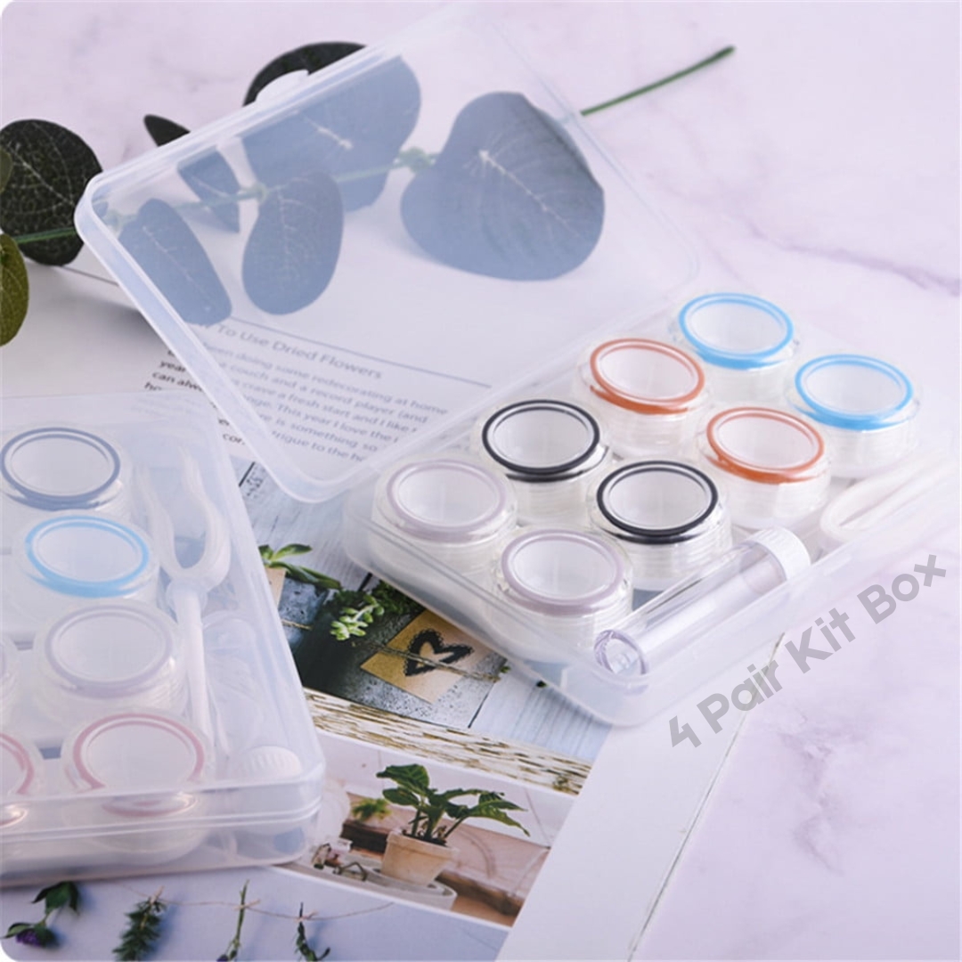 Picture of New 4Pairs Contact Lens Travel kitbox With Tweezers+Applicattor & Solution Bottle. 4 in 1 Plastic Transparent High Capacity Contact Lens Storage.#4pair