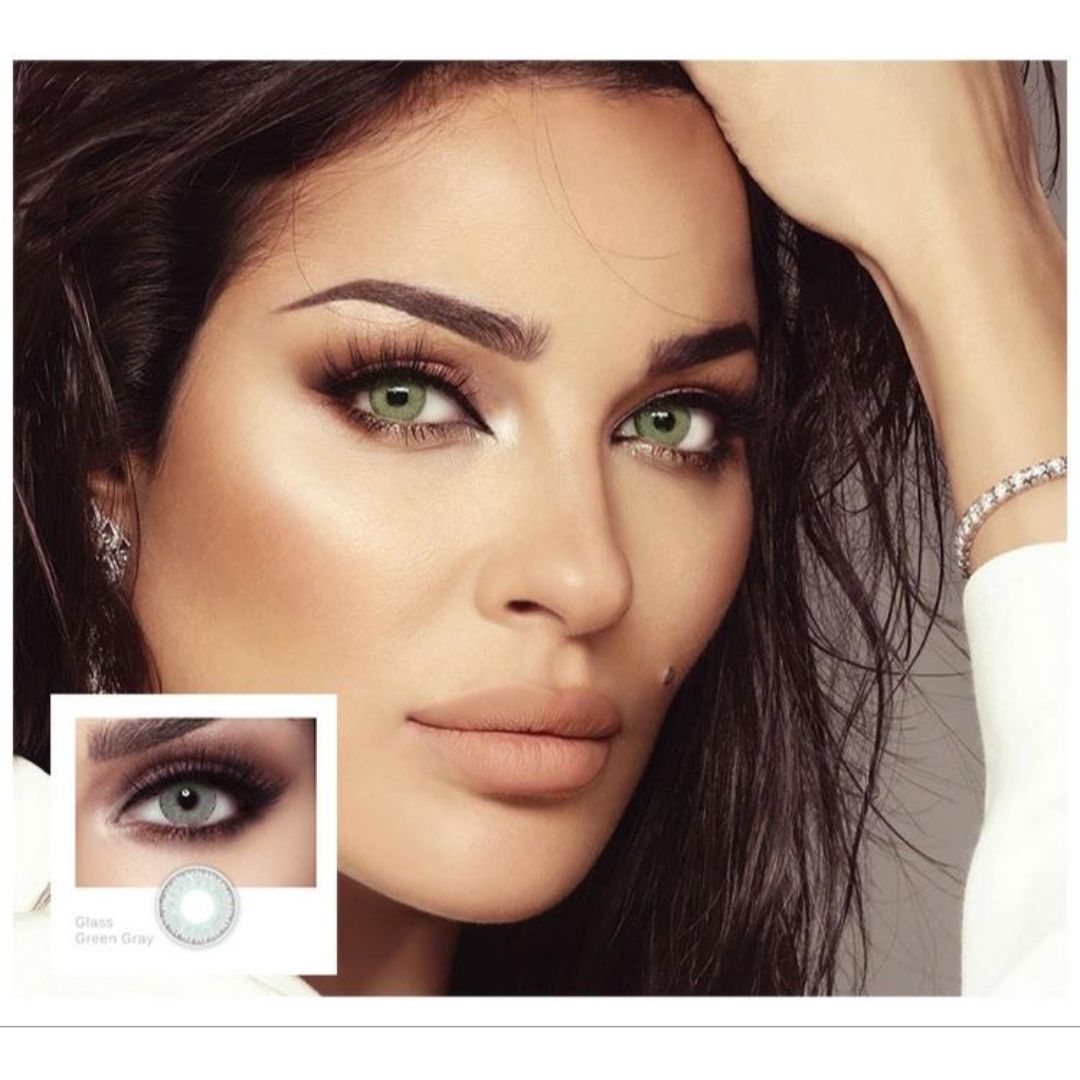 Picture of Bella Glass Green Gray Contact Lens with Regular Kit Box. For men,women/Unisex. Bella Elite Series. #glass.green.gray