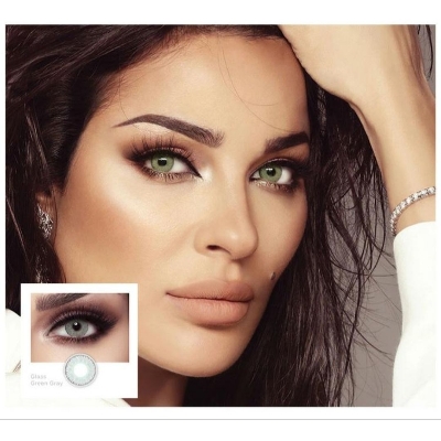 Picture of Bella Glass Green Gray Contact Lens with Regular Kit Box. For men,women/Unisex. Bella Elite Series. #glass.green.gray