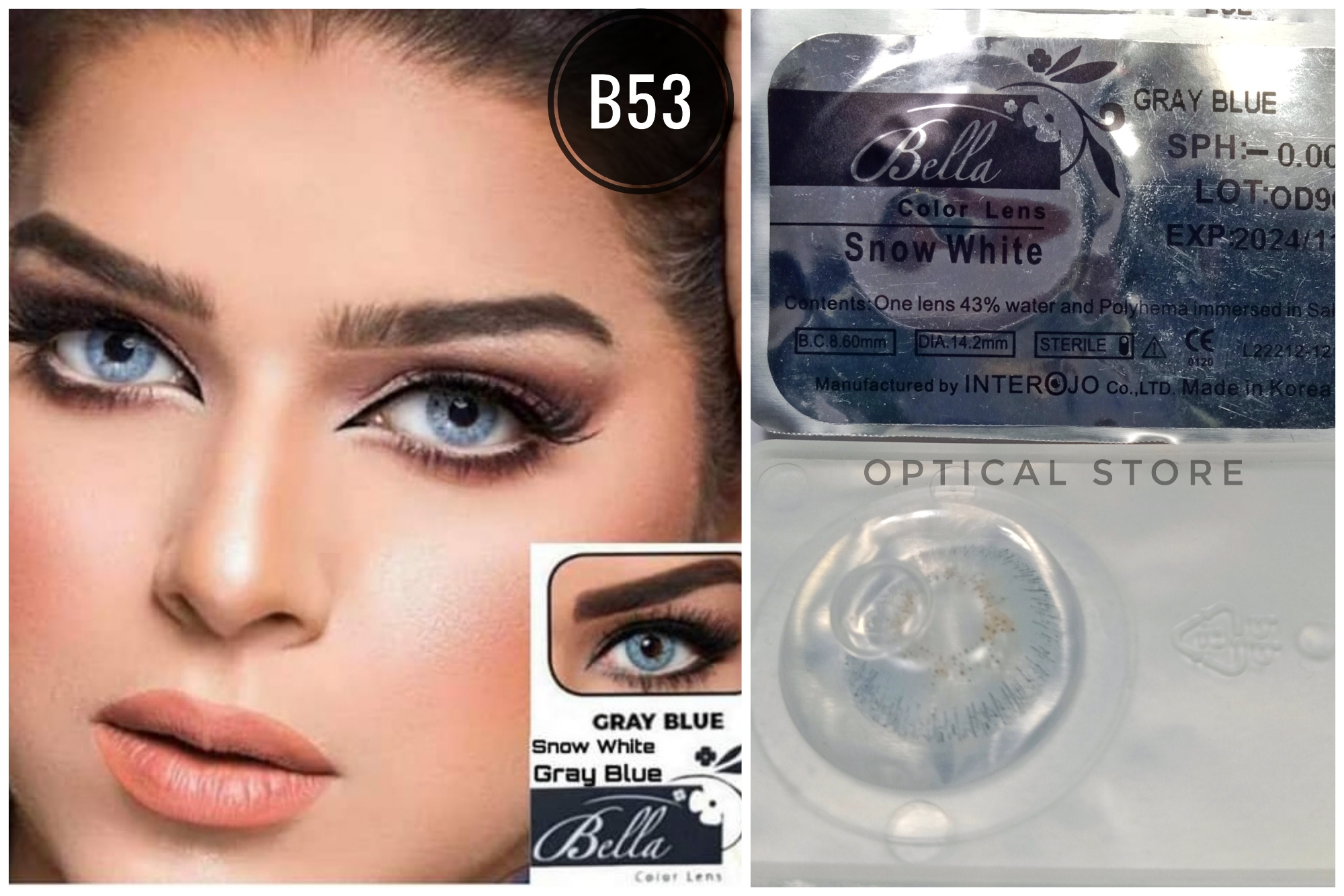 Picture of Bella Gray Blue Snow White Color Contact Lens with Regular Kit Box. For men,women/Unisex. Bella Snow White Series. #sw.gray.blue