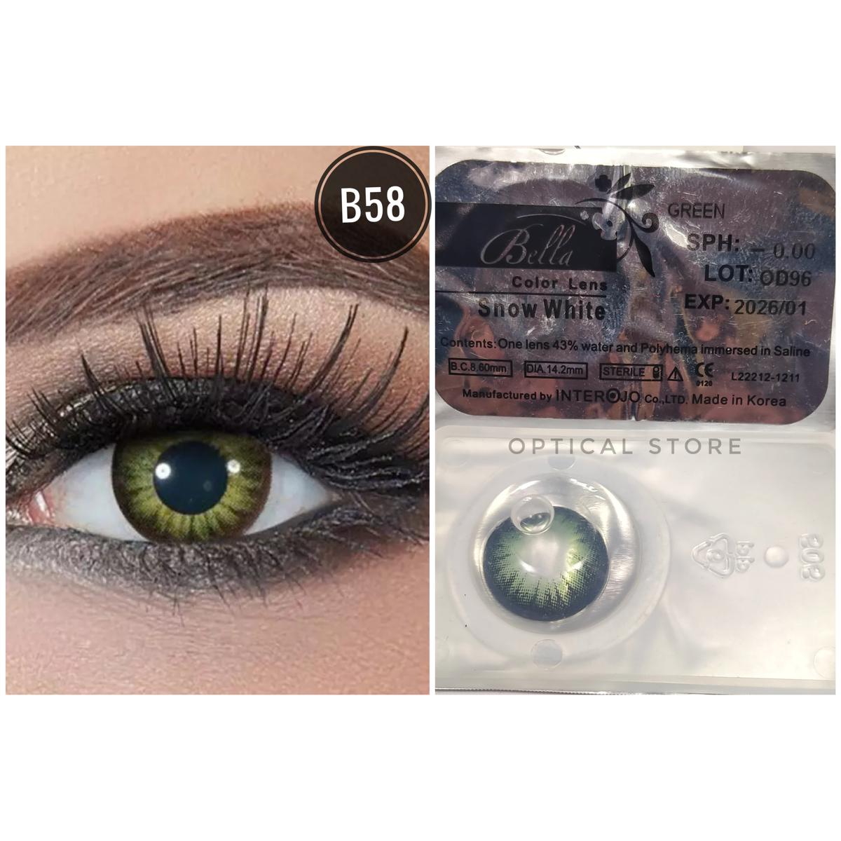Picture of Bella Green Snow White Color Contact Lens with Regular Kit Box. For men,women/Unisex. Bella Snow White Series. #sw.green