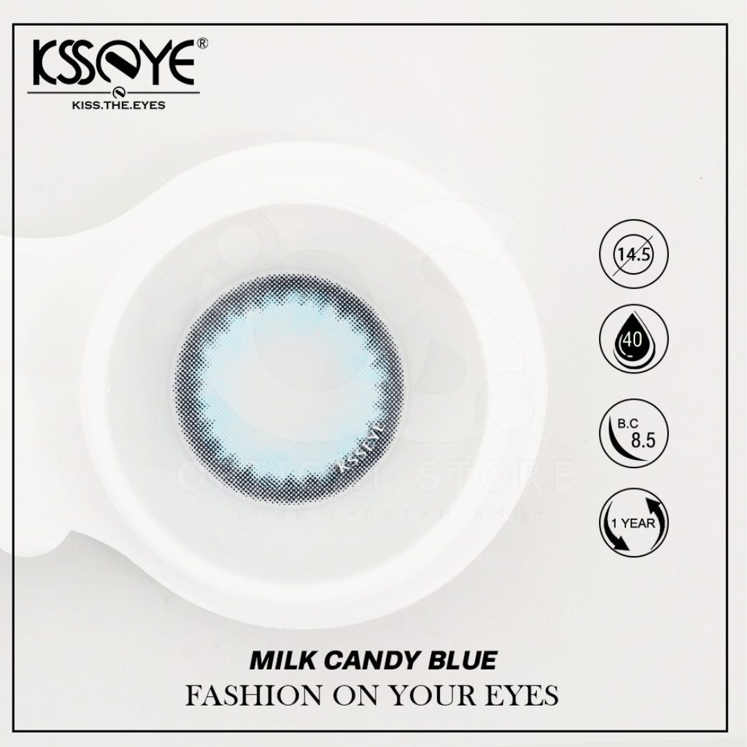 Picture of New Ksseye Milkcandy Blue Color contact lens with regular kit box for men & women. 1 pair Ksseye Color contact lens for eye makeup and Cosmetics. Ksseye Milkcandy Series. #milkcandyblue