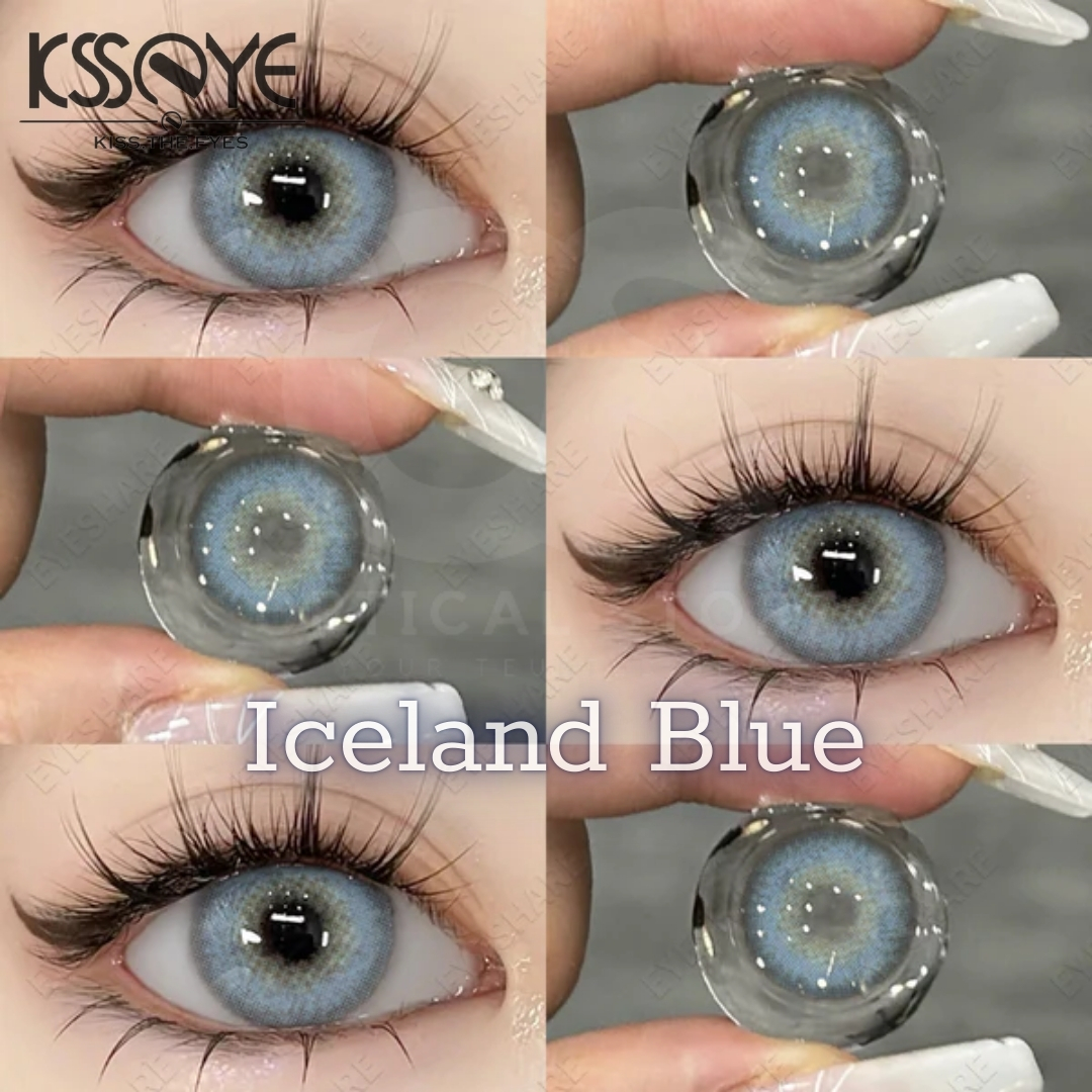 Picture of New Ksseye Iceland Blue Color contact lens with regular kit box for men & women. 1 pair Ksseye Color contact lens for eye makeup and Cosmetics. Ksseye Iceland Series. #icelandblue