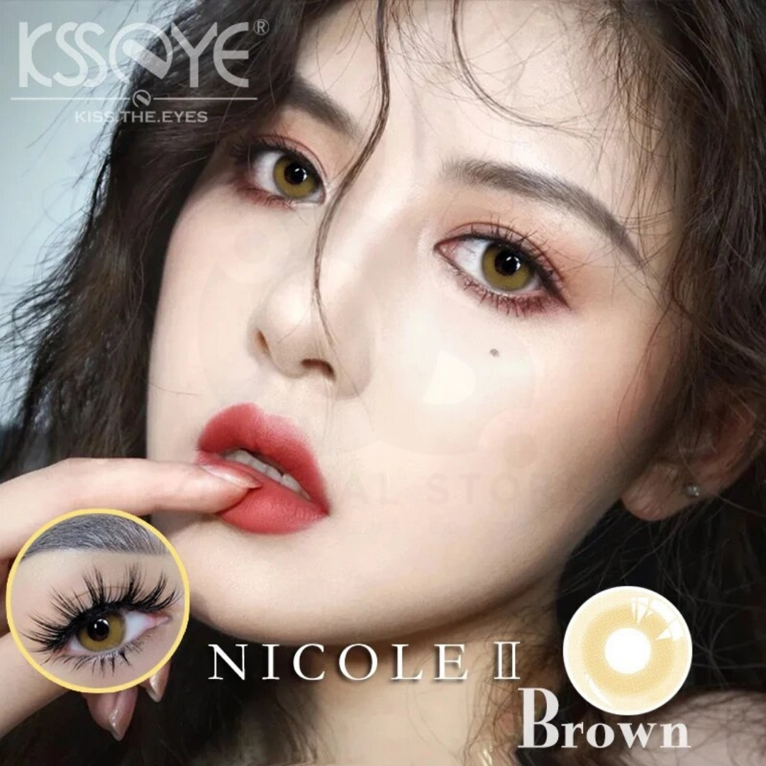 Picture of New Ksseye Nicole Brown Color contact lens with regular kit box for men & women. 1 pair Ksseye Color contact lens for eye makeup and Cosmetics. Ksseye Nicole Series. #nicolebrown