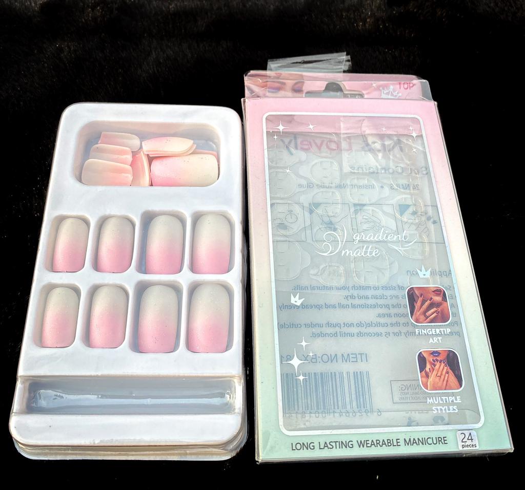 Picture of 12 pcs sugar glitter Nails oval nails Square Shape Artificial Nails with dotted glue sheet double sided adhesive dots tape