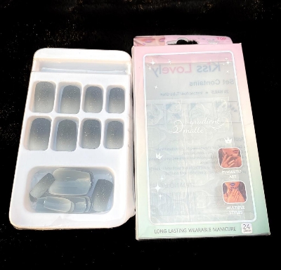 Picture of 12 pcs sugar glitter Nails oval nails Square Shape Artificial Nails with dotted glue sheet double sided adhesive dots tape