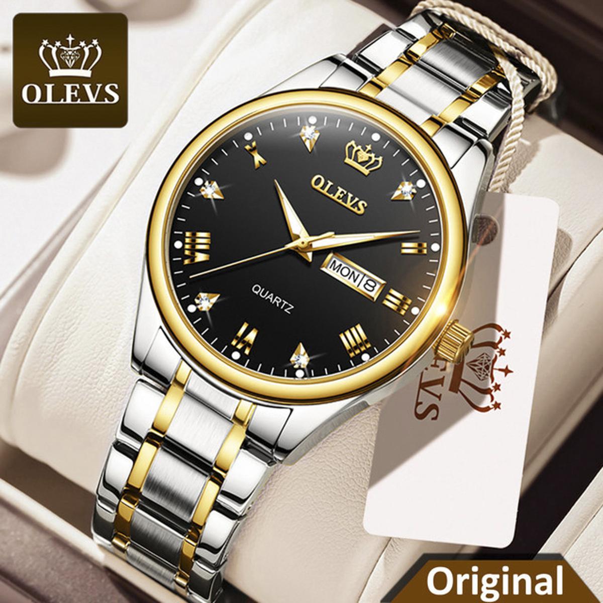 Picture of OLEVS Quartz wrist watch  for Men Luxury Leather Luminous Hand  Fashion Watch for Men Golden Stainless Steel Analog Wrist Watch