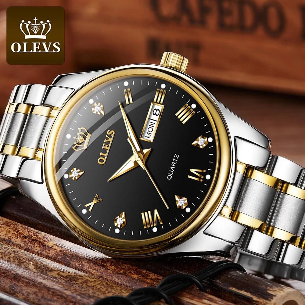 Picture of OLEVS Quartz wrist watch  for Men Luxury Leather Luminous Hand  Fashion Watch for Men Golden Stainless Steel Analog Wrist Watch