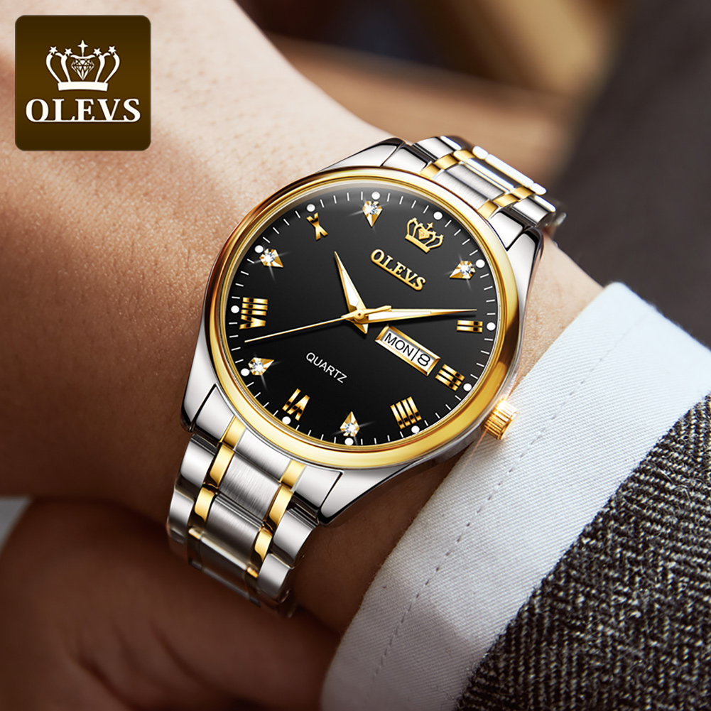 Picture of OLEVS Quartz wrist watch  for Men Luxury Leather Luminous Hand  Fashion Watch for Men Golden Stainless Steel Analog Wrist Watch
