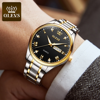 Picture of OLEVS Quartz wrist watch  for Men Luxury Leather Luminous Hand  Fashion Watch for Men Golden Stainless Steel Analog Wrist Watch