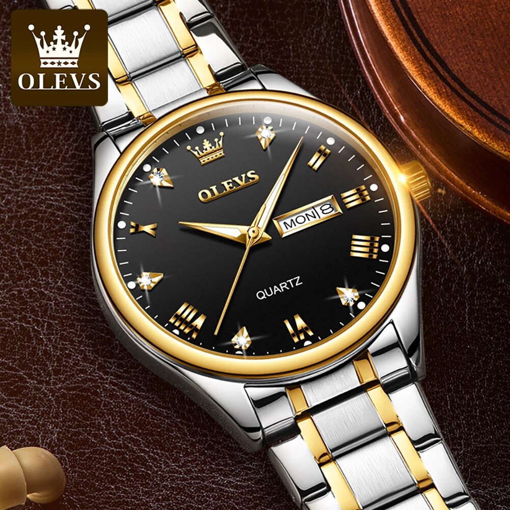 Picture of OLEVS Quartz wrist watch  for Men Luxury Leather Luminous Hand  Fashion Watch for Men Golden Stainless Steel Analog Wrist Watch