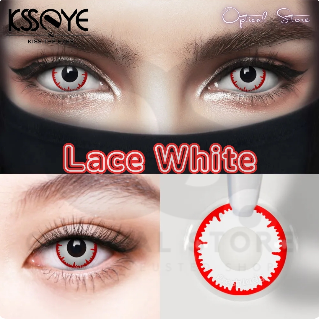 Picture of New Halloween Exclusive Lace White Color Contact Lens with regular kit box For men & women. !pair Lace white Halloween Contact Lens For Halloween Party,Cosplay,Anime and Costumes. Halloween Contact Lens. #lace.white