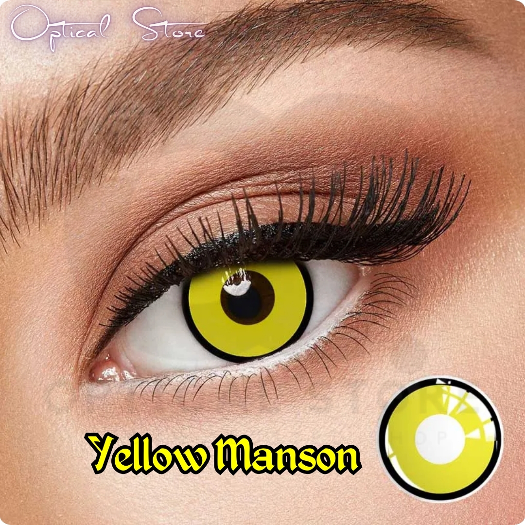 Picture of New Halloween Exclusive Yellow Manson(Ring Yellow)Color Contact lens with Regular Kit Box For Men & Women. 1Pair White Manson (Ring Yellow) Color Contact Lens For Halloween Party,Cosplay,Anime and Costumes. Halloween Contact Lens. #yellow.manson