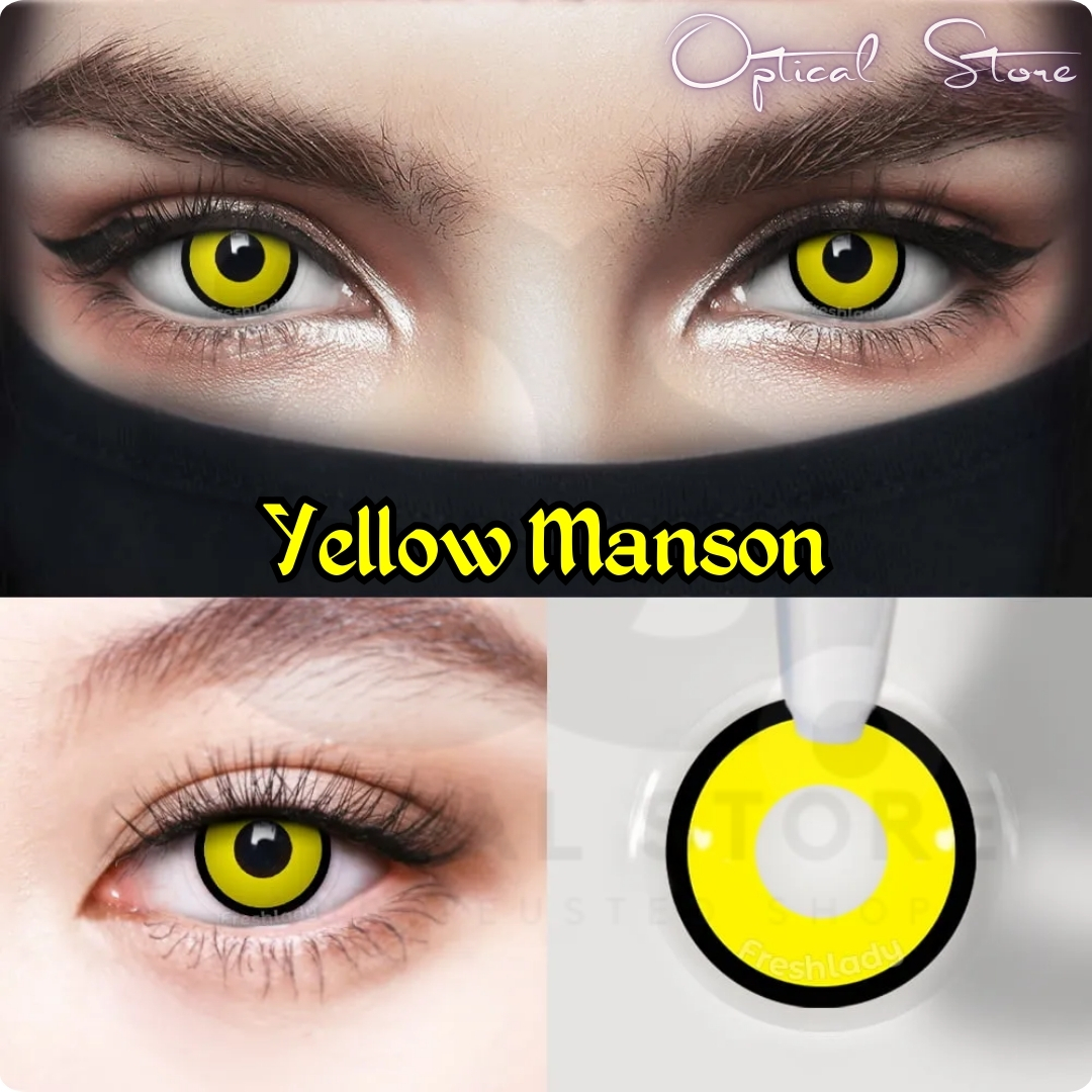 Picture of New Halloween Exclusive Yellow Manson(Ring Yellow)Color Contact lens with Regular Kit Box For Men & Women. 1Pair White Manson (Ring Yellow) Color Contact Lens For Halloween Party,Cosplay,Anime and Costumes. Halloween Contact Lens. #yellow.manson