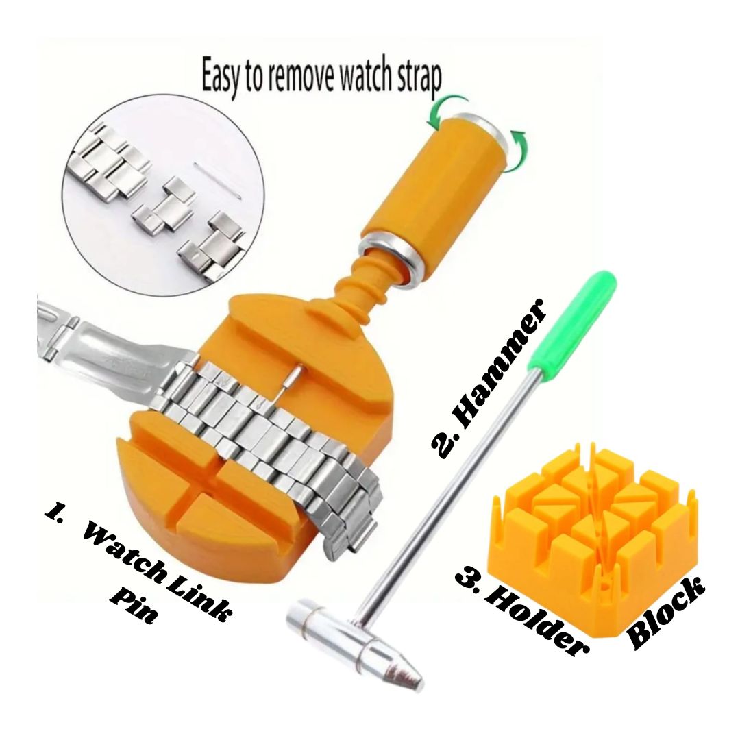 Picture of Watch Band Link Pin Remover Tool Set (Full Set) Hammer Punch Pins with Orange Strap Holder for Watch 3 Repair tools