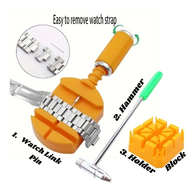 Picture of Watch Band Link Pin Remover Tool Set (Full Set) Hammer Punch Pins with Orange Strap Holder for Watch 3 Repair tools