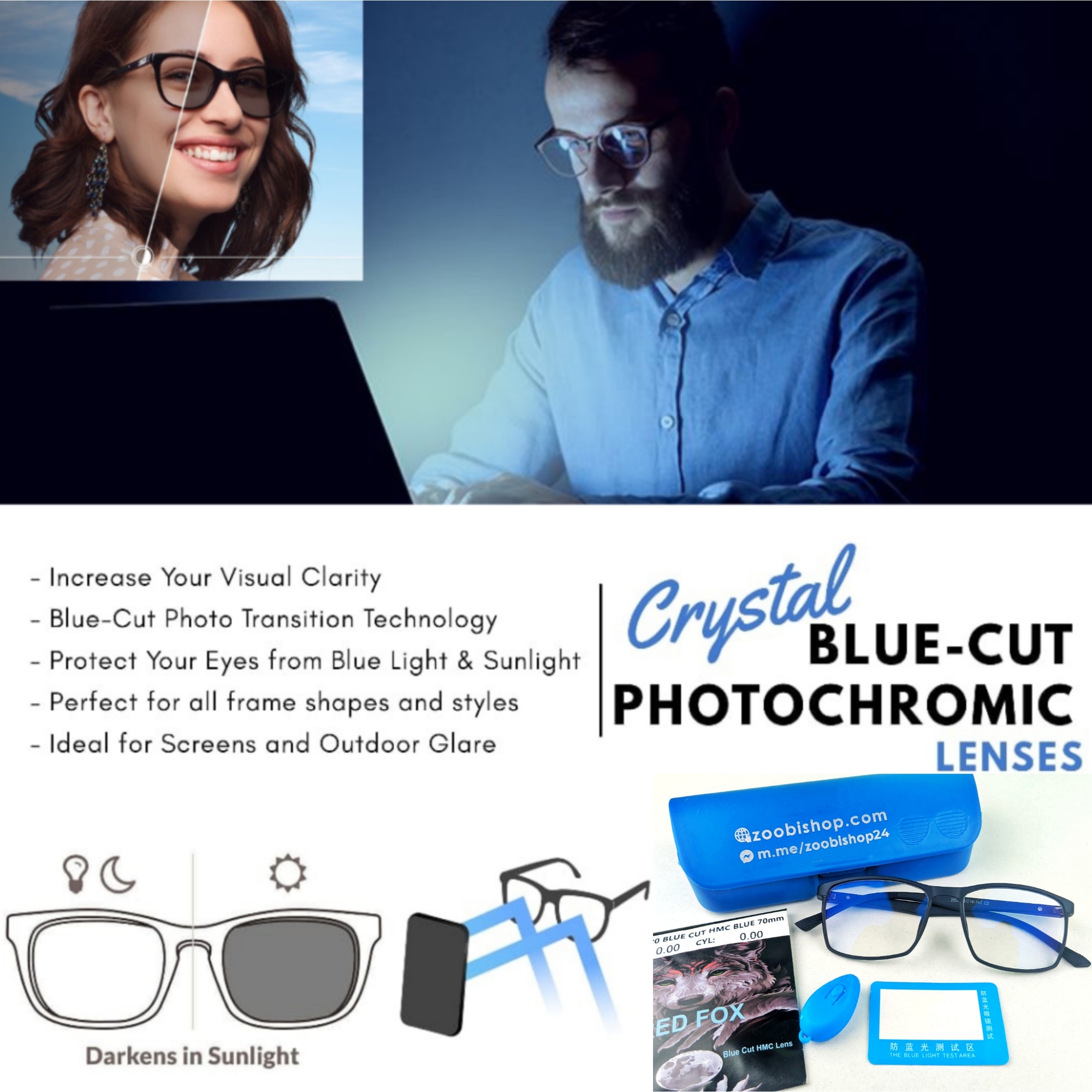 Picture of 2 in 1 Regular mobile & Sunlight ray Photosun Bluecut Glass All in one Anti Blue Light Computer Glasses men-women Blue Light & sunlight Blocking Eyewear Radiation UV420 Protection Gaming Eyeglass Frame RPB