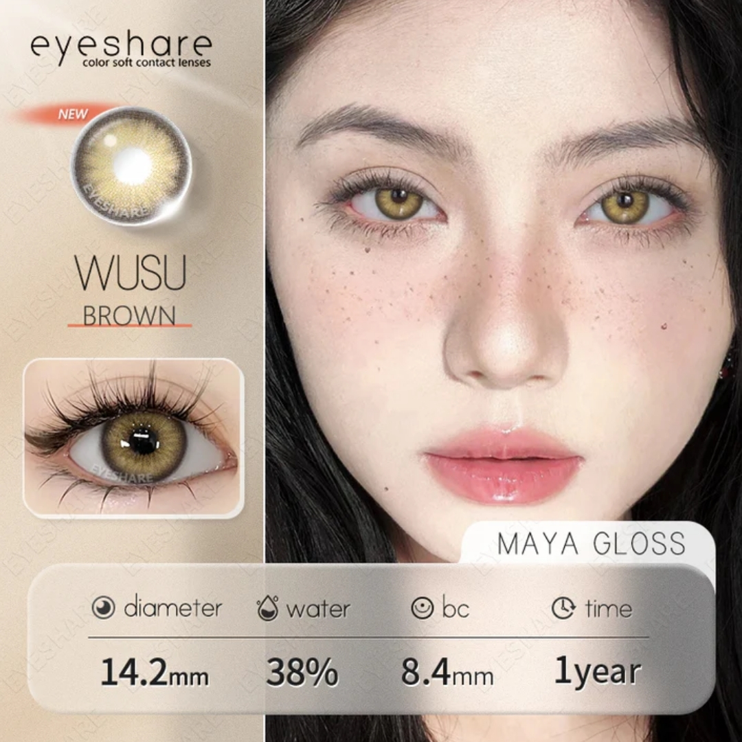 Picture of New Wusu Brown Color contact lens with regular kit box for men & women. 1 pair Eyeshare Color contact lens for eye makeup and Cosmetics. Wusu Series Color Contact Lens. #Wusu