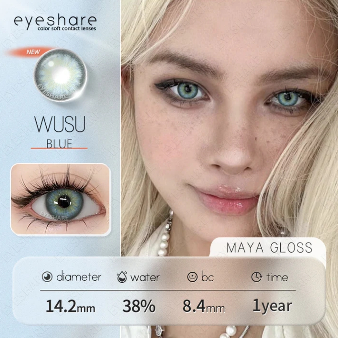 Picture of New Eyeshare Wusu Blue Color contact lens with regular kit box for men & women. 1 pair Eyeshare Color contact lens for eye makeup and Cosmetics. Eyeshare Wusu Series. #Wusu