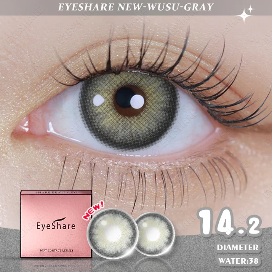 Picture of New Eyeshare Wusu Gray Color contact lens with regular kit box for men & women. 1 pair Eyeshare Color contact lens for eye makeup and Cosmetics. Eyeshare Wusu Series. #wusu