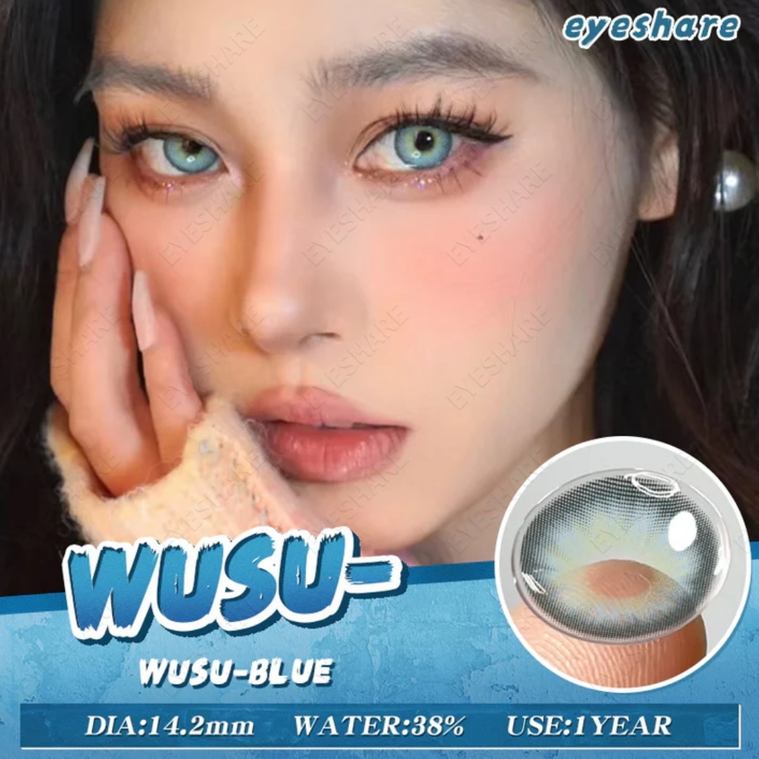Picture of New Eyeshare Wusu Blue Color contact lens with regular kit box for men & women. 1 pair Eyeshare Color contact lens for eye makeup and Cosmetics. Eyeshare Wusu Series. #Wusu