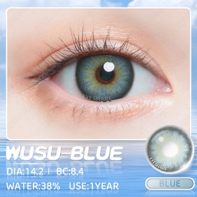 Picture of New Eyeshare Wusu Blue Color contact lens with regular kit box for men & women. 1 pair Eyeshare Color contact lens for eye makeup and Cosmetics. Eyeshare Wusu Series. #Wusu
