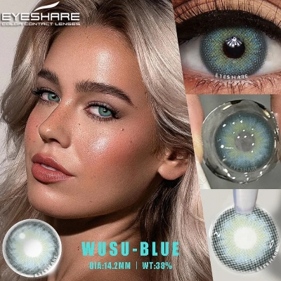Picture of New Eyeshare Wusu Blue Color contact lens with regular kit box for men & women. 1 pair Eyeshare Color contact lens for eye makeup and Cosmetics. Eyeshare Wusu Series. #Wusu